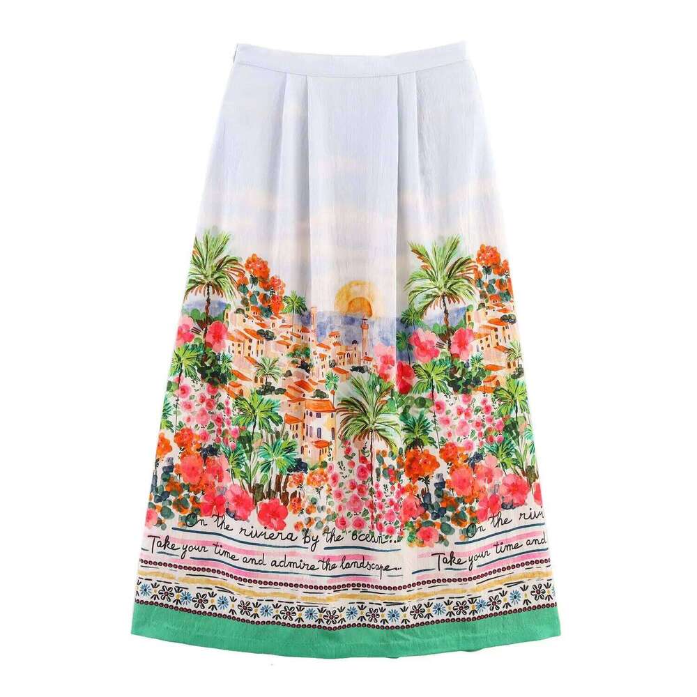 Womens Casual Elegant Loose Drapey Large Hem Mid - Length Printed Half Skirt With Exquisite And Unique Prints