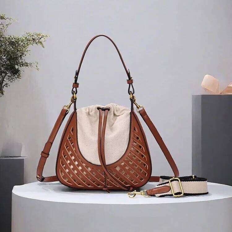 French Style Soft Leather Woven Hollow Out Bucket 2025 Summer New Trend Small Top-Handle Handbags Travel Vacation Beach Bag