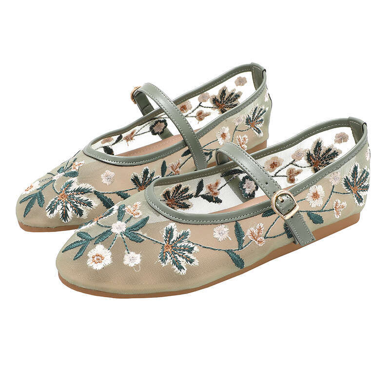 Fashion Breathable Flat for Women, One-Strap Round Toe Mary Jane NEW Single Shoes, Green Floral Embroidered Mesh Ballet Shoes