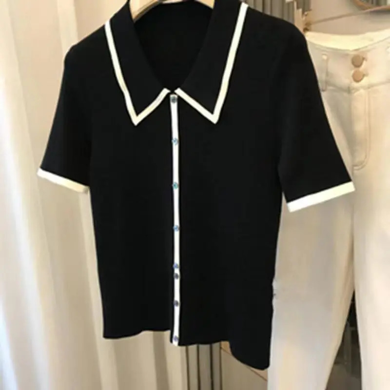 Women Fashion Black White Patchwork Polo Shirts Summer Casual Loose Short Sleeve Knit T-shirt Office Lady Chic Button Pullovers 250609