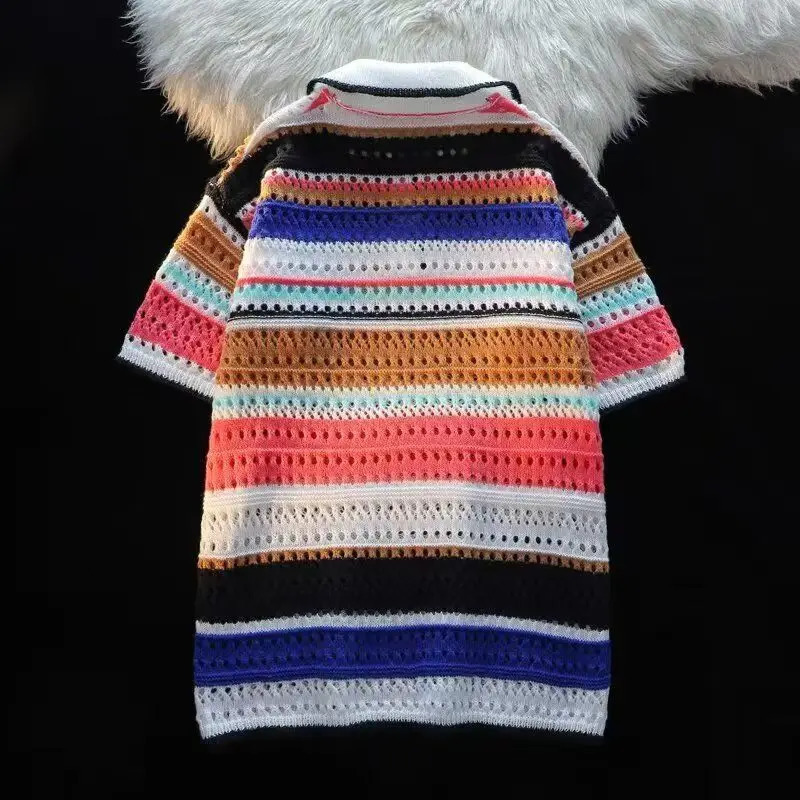 Dopamine Striped Knit Polo Shirt For Men Vintage Loose Short Sleeve Tops Fashion Hollow Out Knitting Color Blocked T-shirts 250614