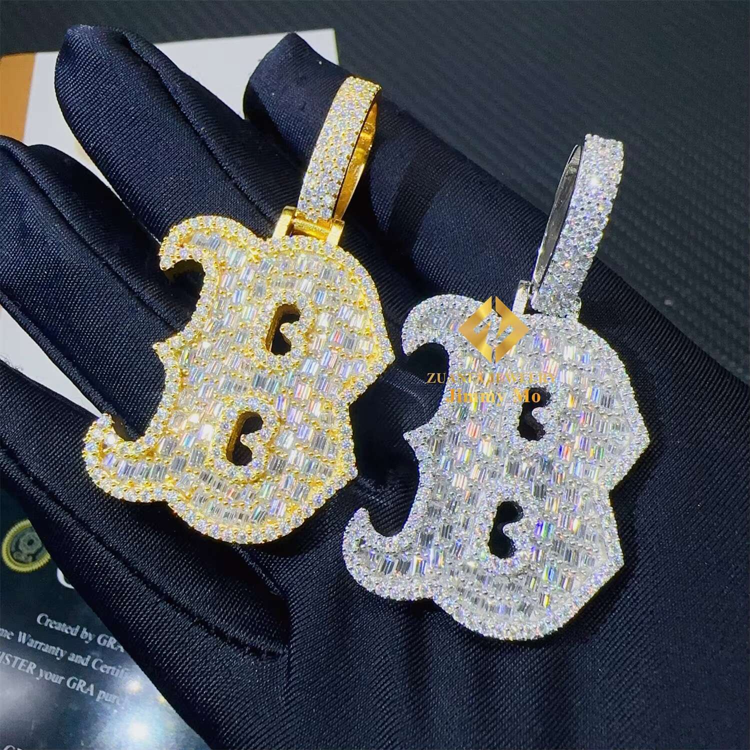 GRA Certificates Hip Hop Iced Out Fire Jewelry 925 Sterling Silver VVS1 Bagauette Moissanite Initial B Letter Pendant