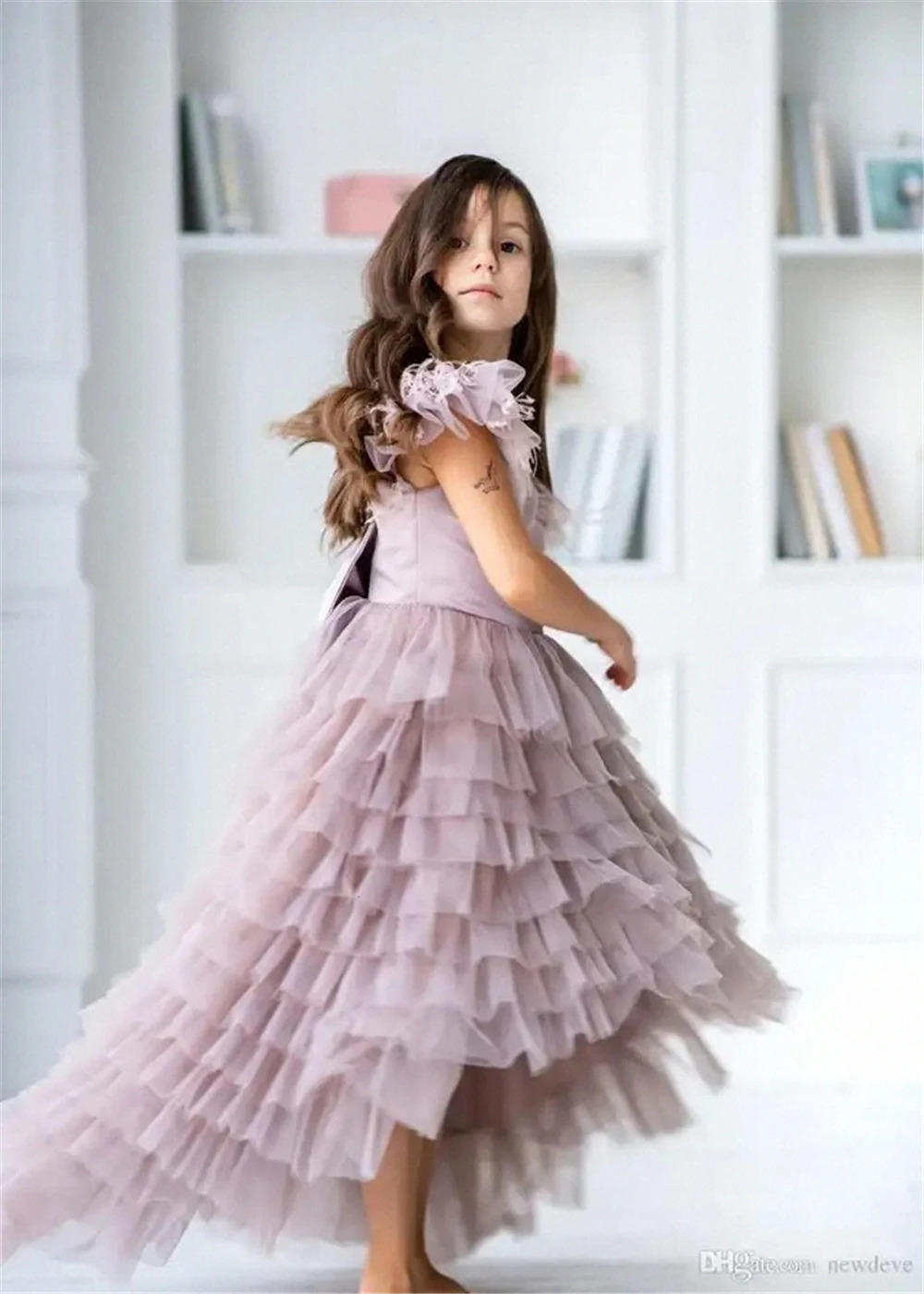 Kids Surprise Birthday Present Lovely Tulle Lace Printed Feather Flower Girl Dress Princess Ball First Communion Dresses 250614