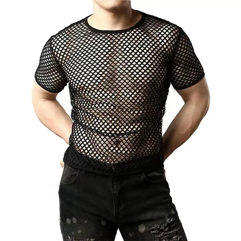 Mens Mush Tops Personality Tight Bottoming Hollow Out Shirt Fishing Grid Perspective Short-sleeved T-shirt Male Top 250614
