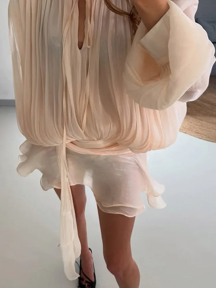 Elegant Solid Blouse Mini Dresses For Women V Neck Long Sleeve Spliced Lace Up Sweet Style Dress Street Party Dresses 250611