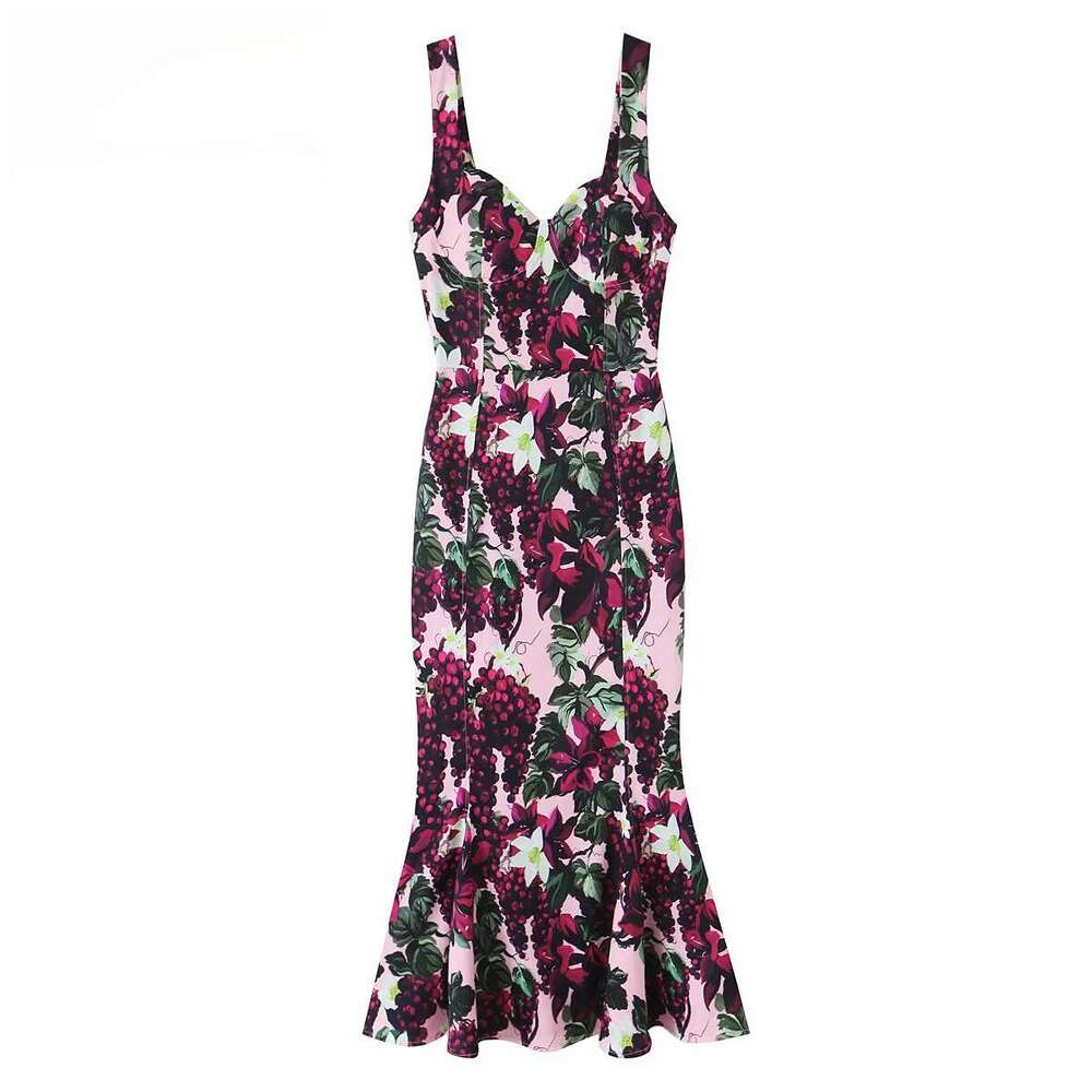 Womens Sleeveless Wide Strap Heart Shaped Neck Mid - Length Printed Dress With Wavy Hem Stylish And Graceful