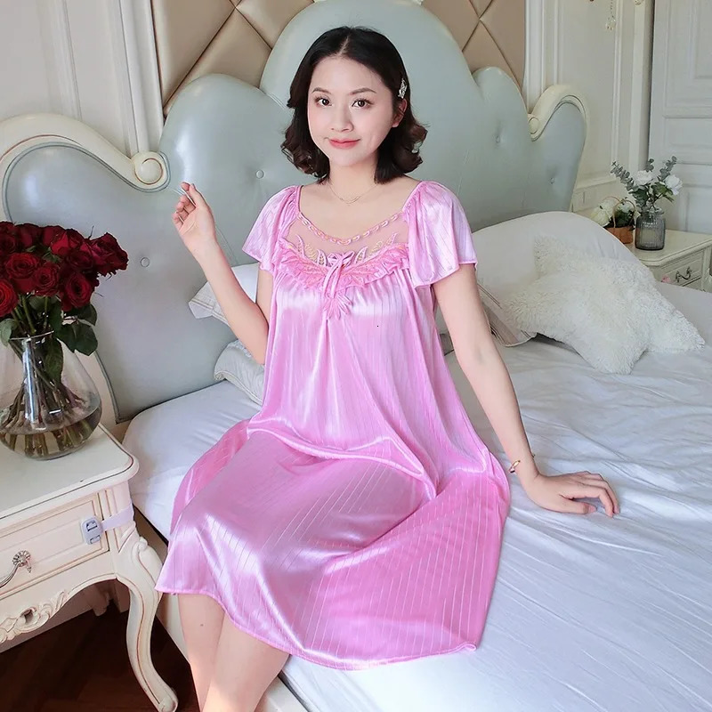 Womens Ice Silk Nightgowns Sleeping Dress Medium Length Short Sleeve Nightdress Sexy Sleepwear Home Wear Loungewear Pajama Femme 250611