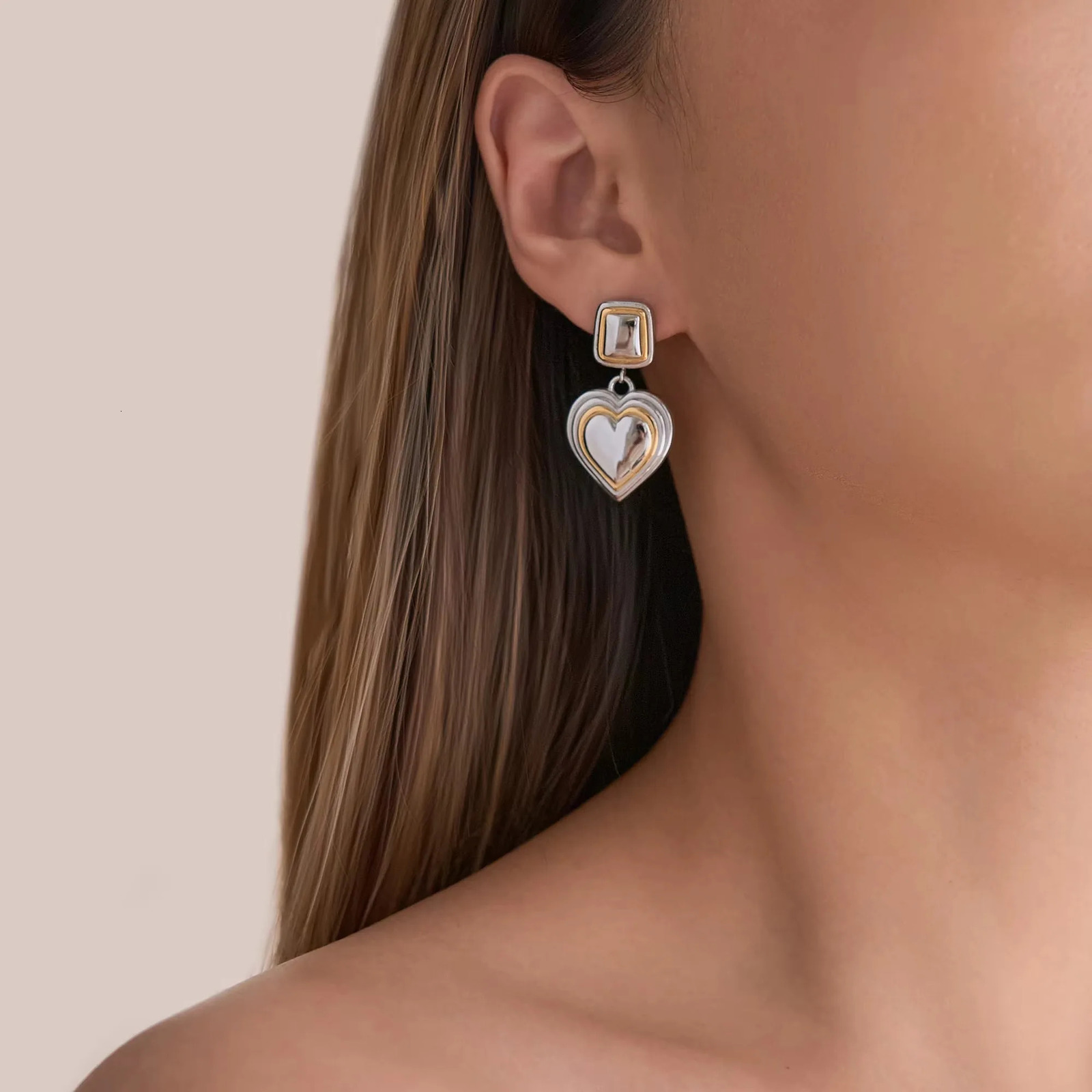 Artist Heart Mixed Color Two Tone Earrings for Women 18k Gold Plated Stainless Steel Tarnish Free Waterproof Jewelry 250610