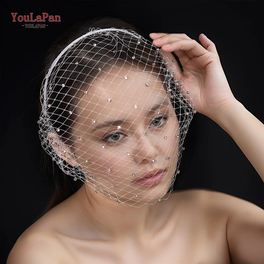YouLaPan VA06-I White Headband Veil for Bridal Crystal Birdcage Black Face Net Mask Short Veil Fascinator Elegant Charming Veil 250603