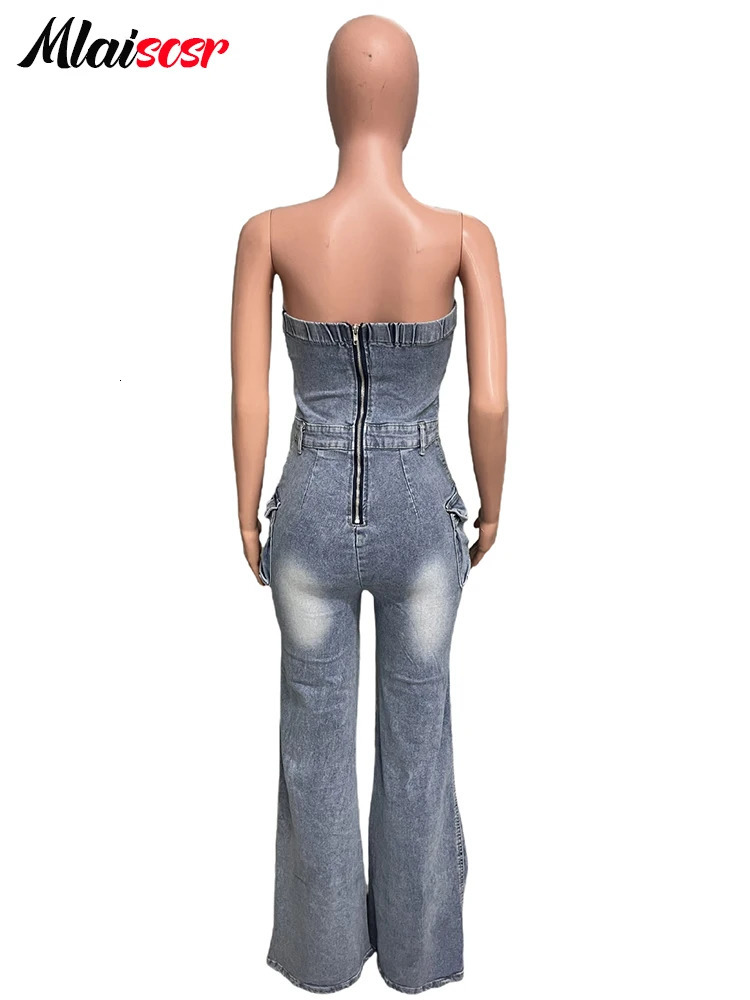Mlaiscsr Multi Pockets Ripped Stretch Denim Cargo Pants Blue Wide Legs Jumpsuits Women Sleeveless Off Shoulder Rompers Overalls 250612