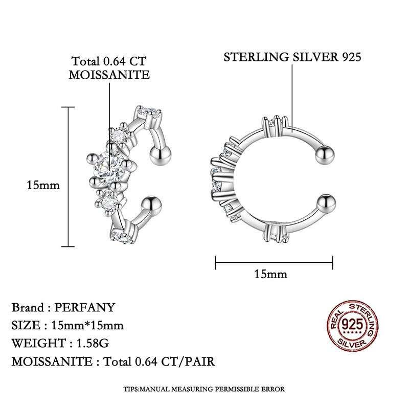 PERFANY 0.64CT All Clip Earrings 100% Pure Silver Minimalist n Laboratory Diamond Hip Hop Party Jewelry 250610