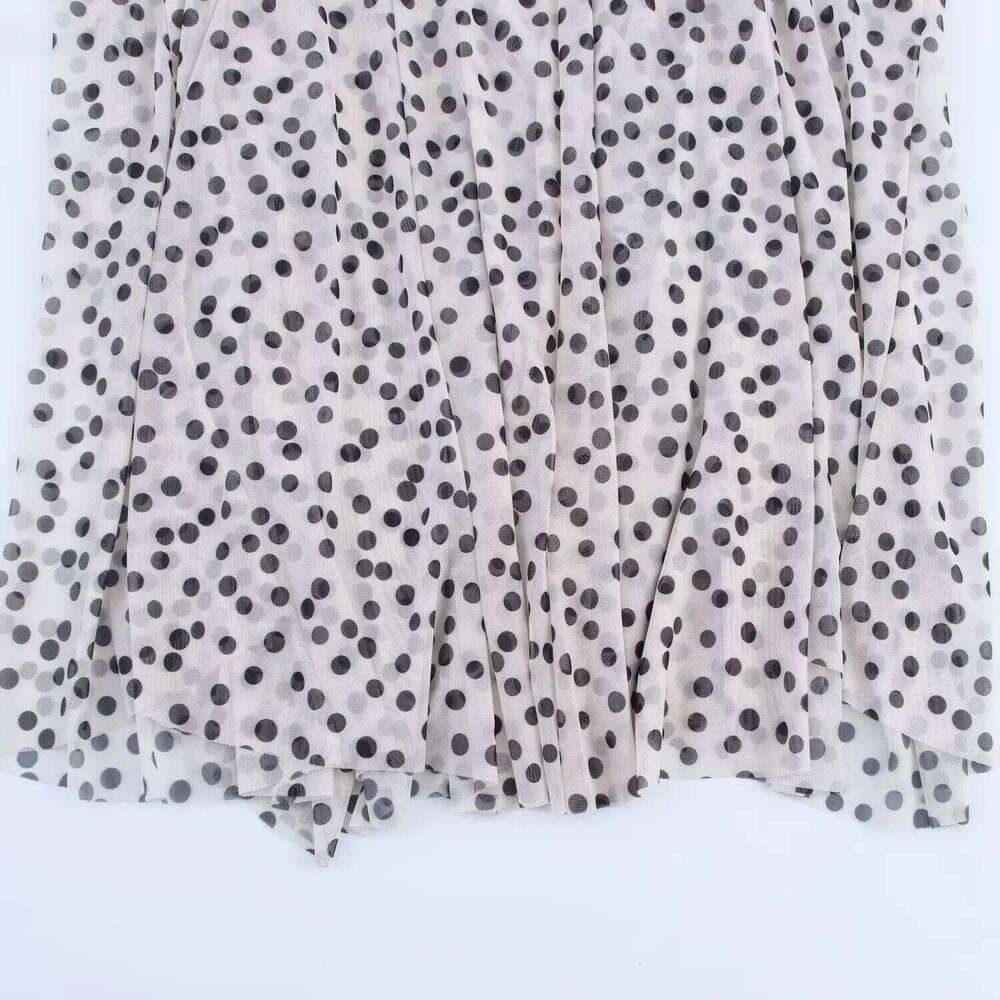 Womens Elegant Sexy V Neck Spaghetti Strap Mid - Length Mesh Polka Dot Dress With Loose Drapey Large Hem