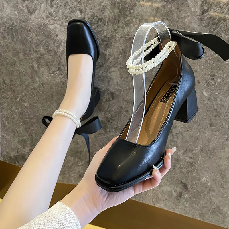 er Ladies High Heels Elegant Bow Square Toe Black High Heels Fashion Thick Heel Wedding Party Pearl Lace Wedding Shoes 250614