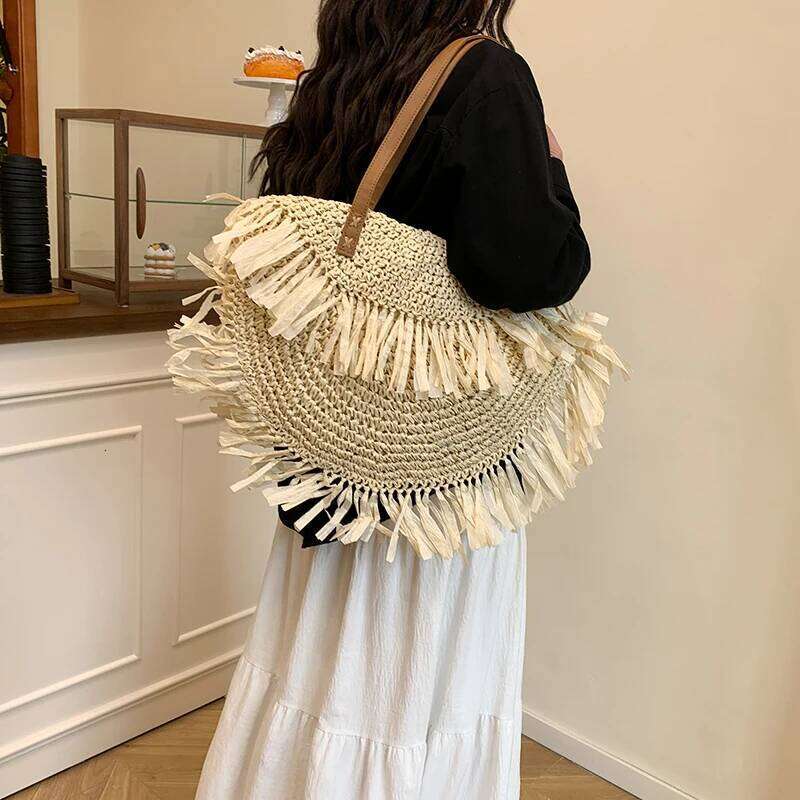 Women Hollowed-Out Braid With Tassel Straw Handbag Wear Resist Semicircle Underarm Female Travel Commute Shoulder Bag