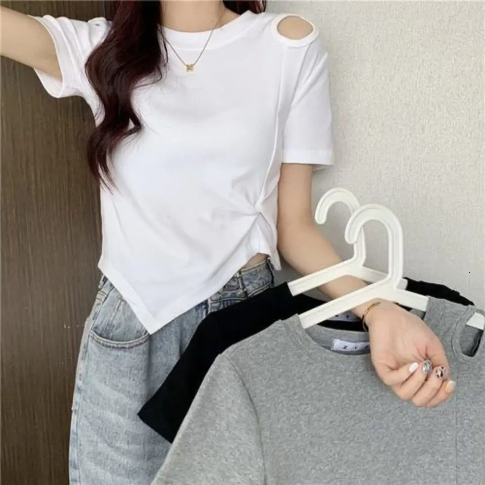 Summer Fashion Y2K T-shirt Woman Hollow Out Sexy Crop Top High Waist Short Sleeve Tee Shirt Women Pleated Clothes Kpop 250614