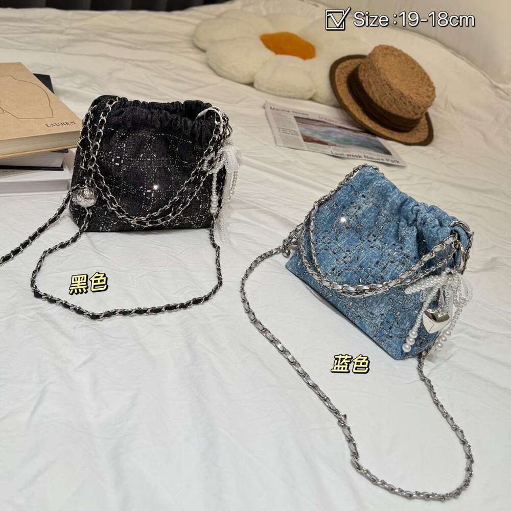 Quilted Denim Diamond-Studded High-End Tote for Women 2025 New Korean Fashion Chain Shoulder Crossbody Small Bag