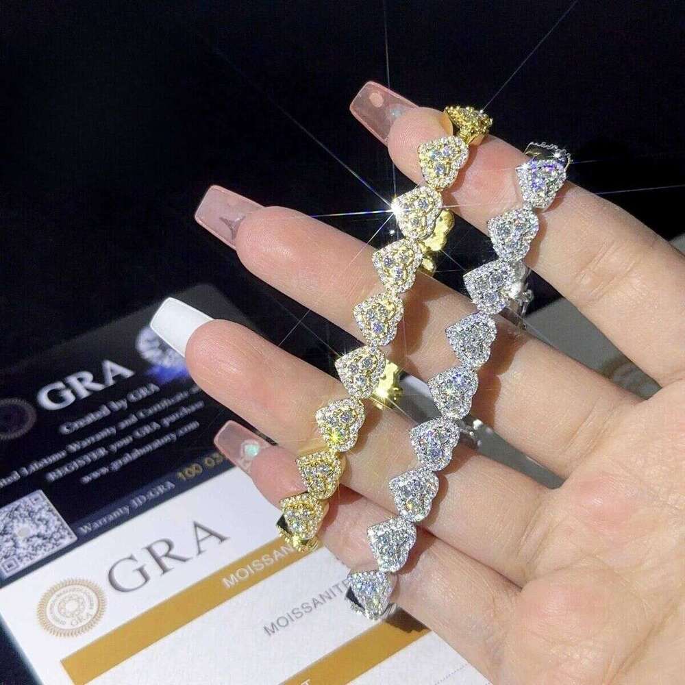 Fine 8mm Heart Shape VVS Link Bracelet Sier Moissanite Hip Hop Jewelry Cuban chain for men women