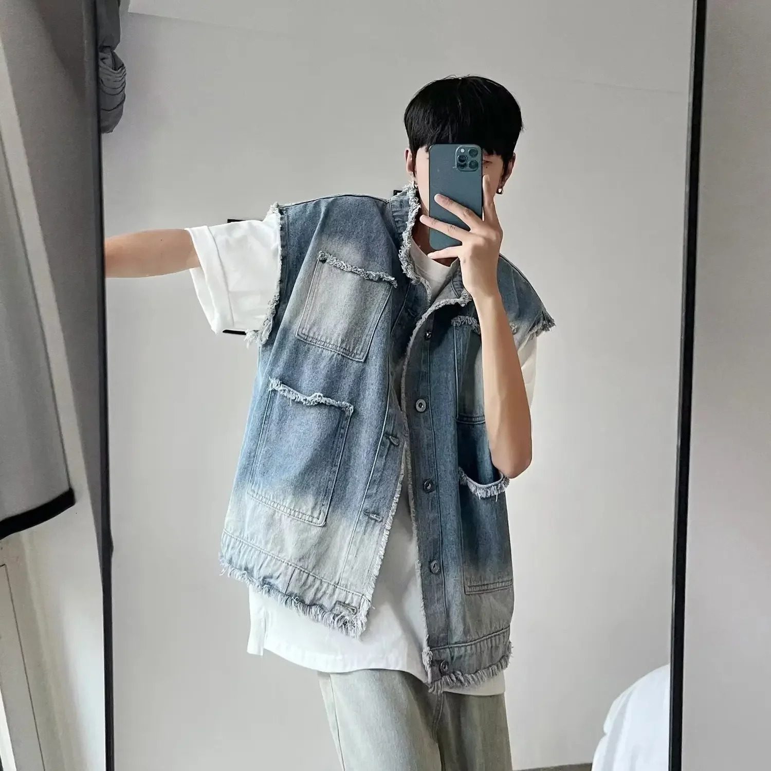 Vintage Mens Denim Jacket Sleeveless Vest Shawl Collar Jean Outerwear Loose Fit Punk Style Top Summer Arrivals 250614