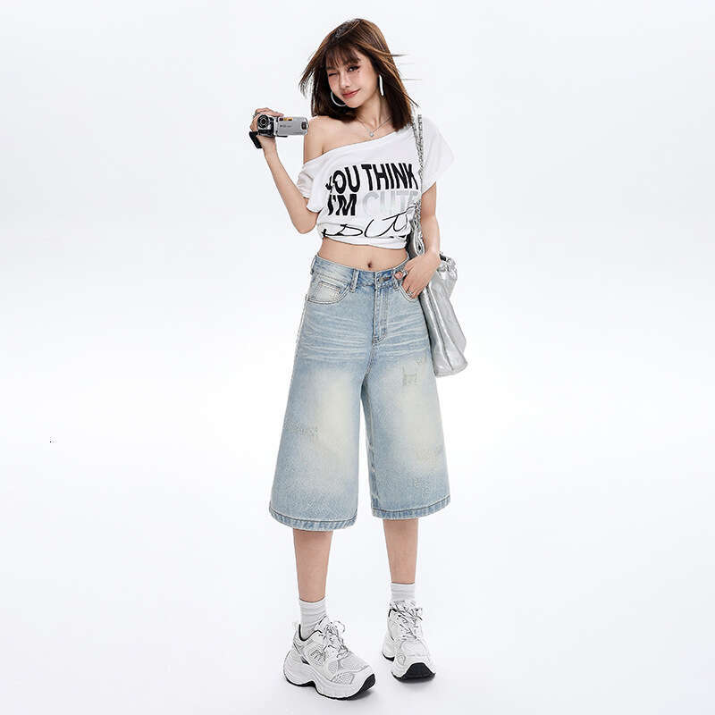 American Street Denim Capri Pants for Women, Summer New Washed Faded Loose High Waist Straight Wide Leg Shorts designer bag