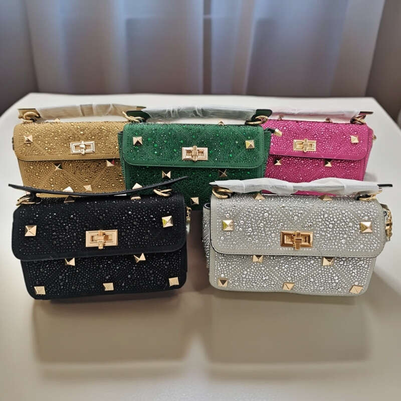 Fashion Studded Women's Rhinestone Chain High-end Genuine Leather Inlaid Shoulder Handbag Crossbody Bag