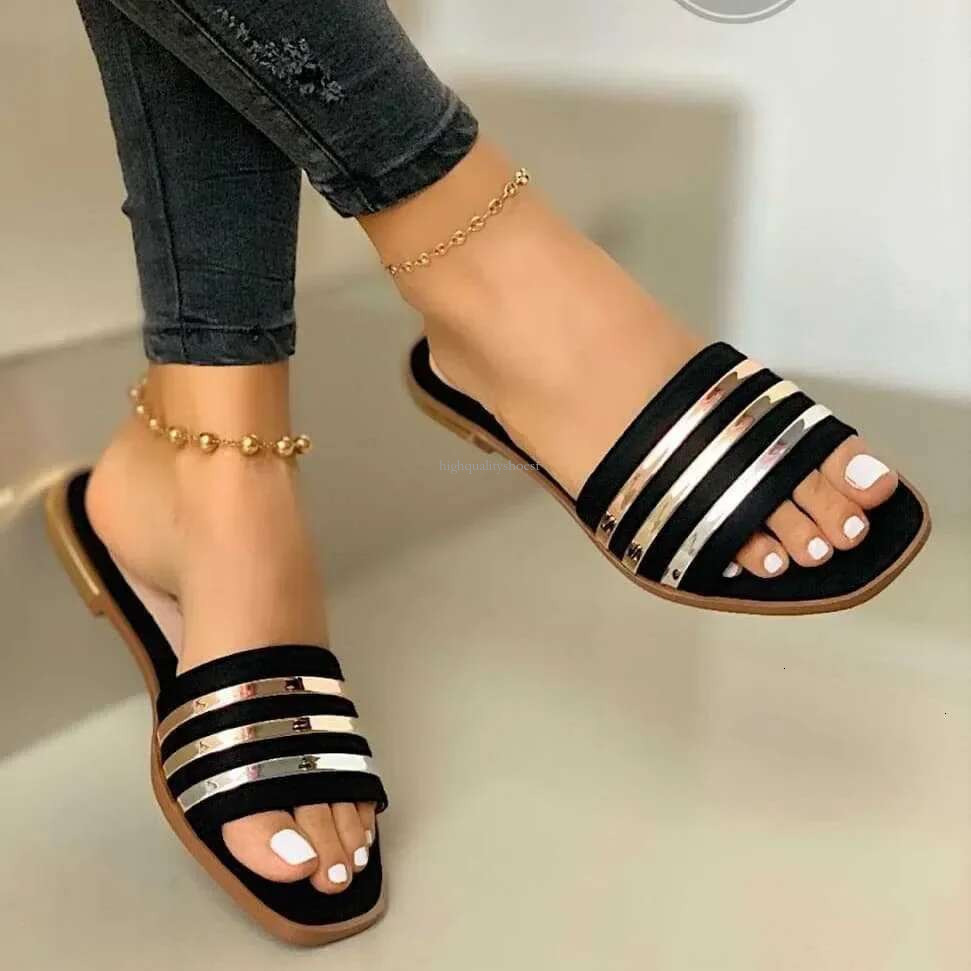 2025 Summer Women s Slippers New Metal Striped Summer Flat Shoes Fashion Designer Trendy Niche Sliding Slippers Outdoor Women s Casual Women s Sandals