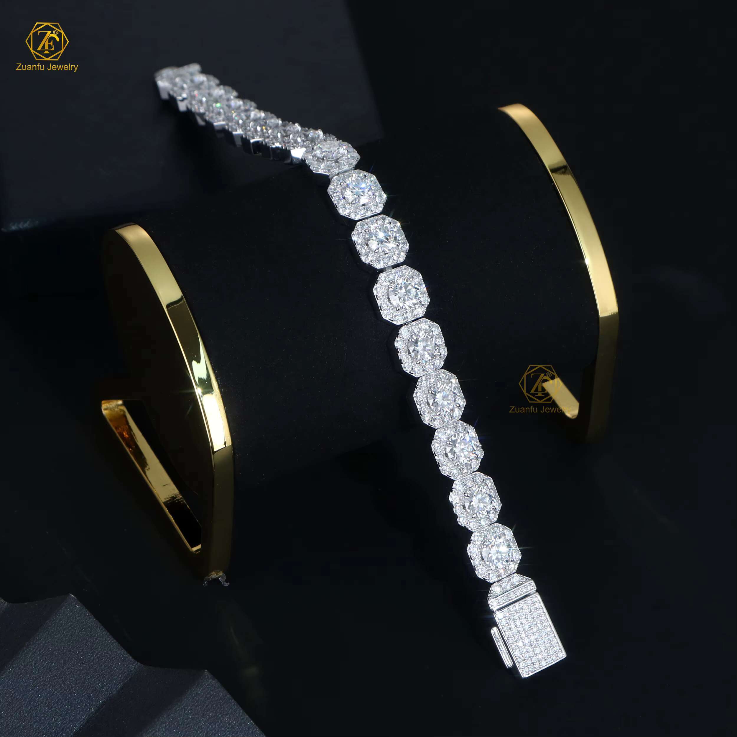 11mm Width Moissanite Tennis Bracelet Vintage Style 925 Bracelets Flower Cluster Design Gold Plated Bangles for Gift