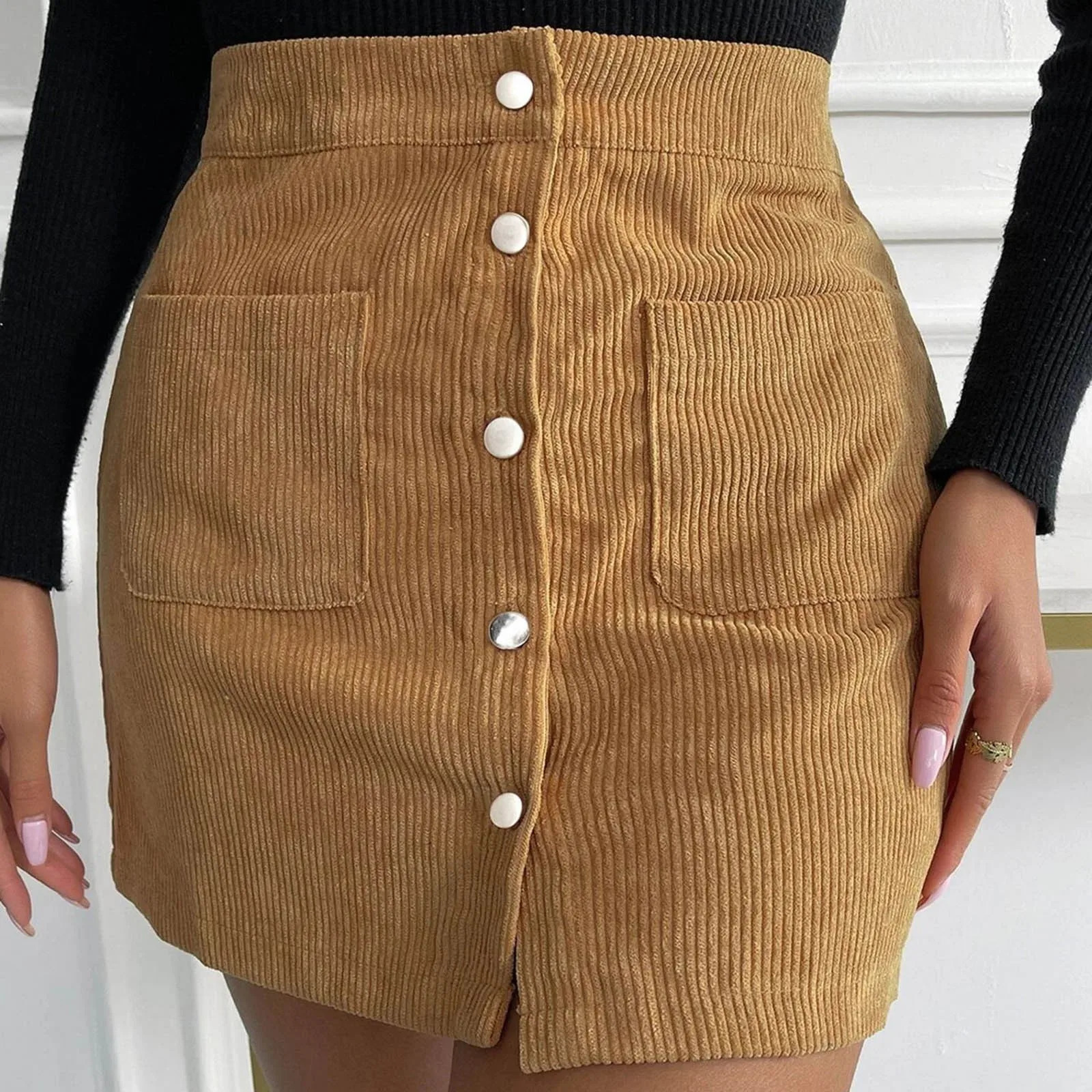 Sequined Skirts Short Skirt Solid High Waist Zipper Autumn Winter Corduroy Hip Wrap Ruched Ruffle Mini 250610A