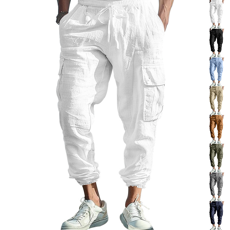 Men's pants linen sports pants jogging wear trendy long pants casual corset multi-pocket lace-up solid color loose large-sized Work pants long pa