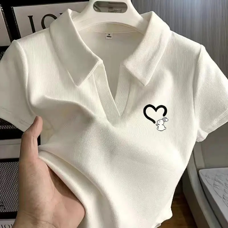 Summer Korean Women Fashion Casual Lapel Polo Shirts Solid Versatile Slim Short Sleeve Love Short Kawaii Knitted Tops 250609