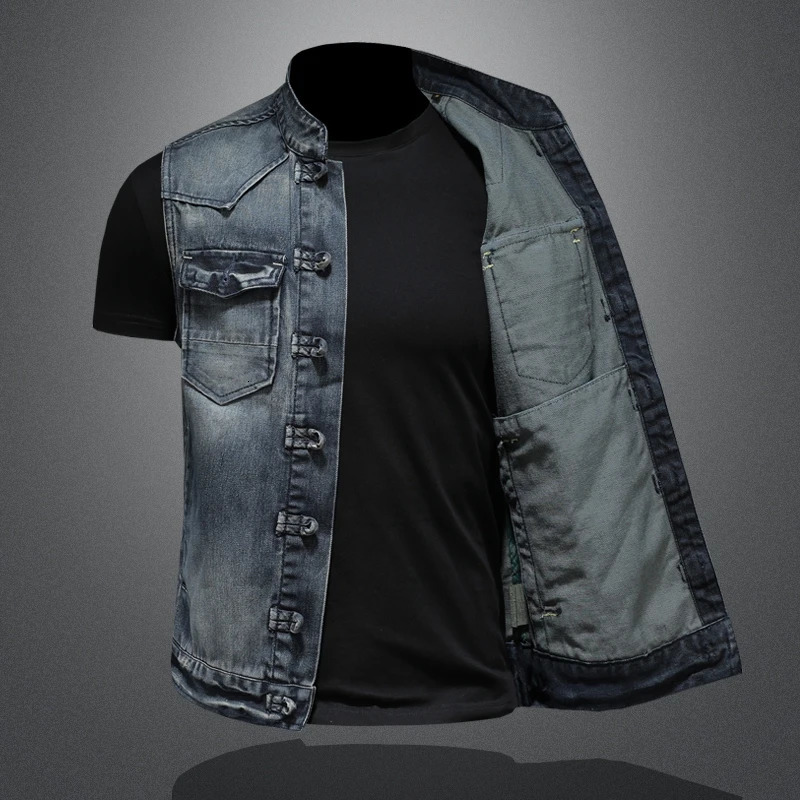 Mens Casual Style Denim Vest Fashion Handsome Trend Solid Color Disc Buckle High Quality Boutique Everything 250614