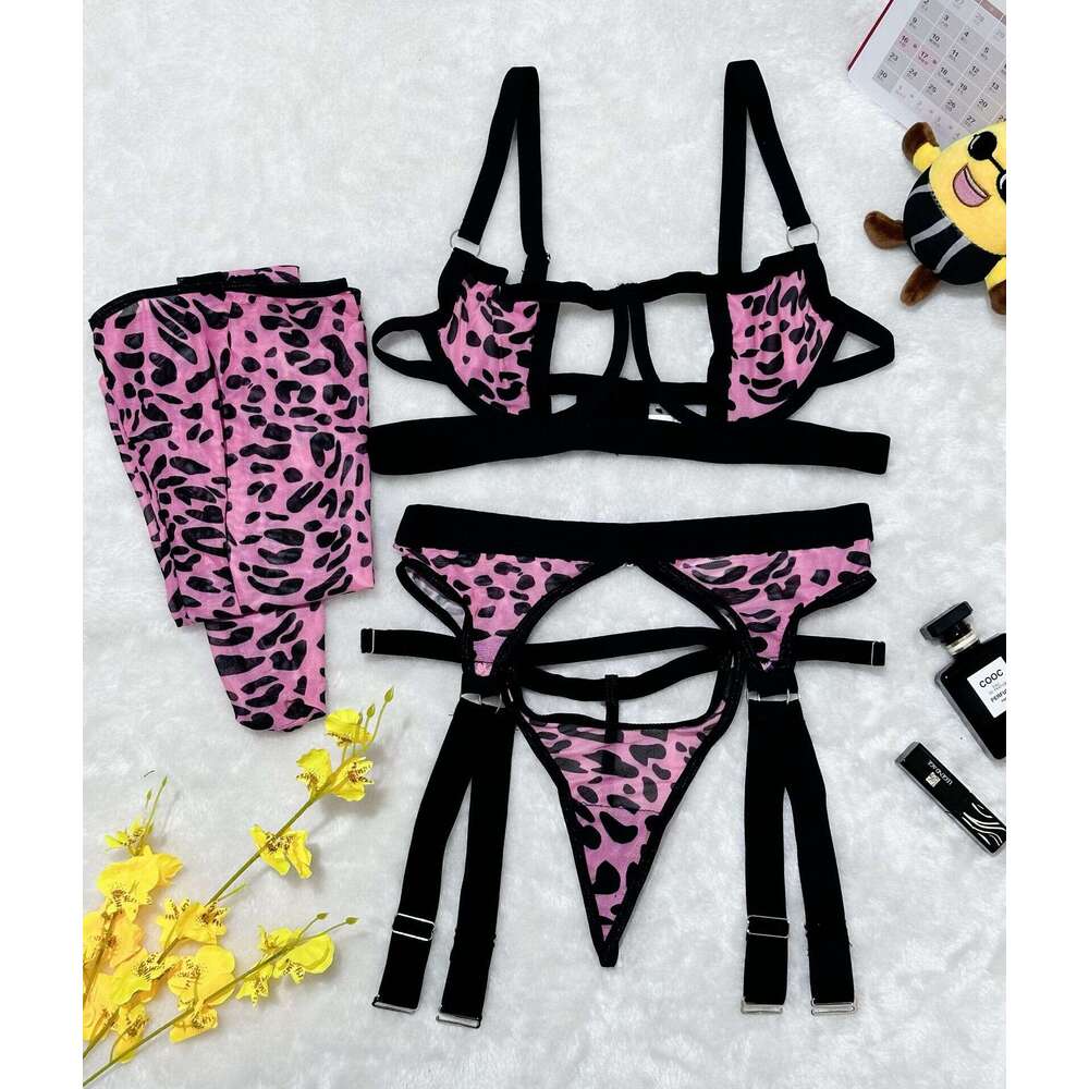 Spell Lingerie Porn Suits INS High End Wild Leopard Print Mesh Hollow Sexy Lingerie Four Piece Set With Long Stockings Sexy Lingerie