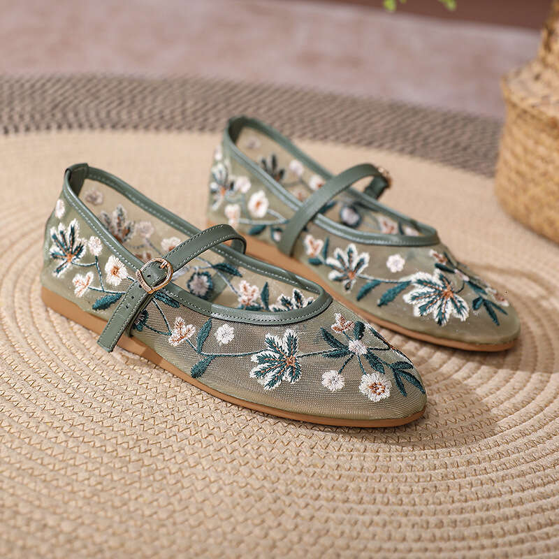 Fashion Breathable Flat for Women, One-Strap Round Toe Mary Jane NEW Single Shoes, Green Floral Embroidered Mesh Ballet Shoes