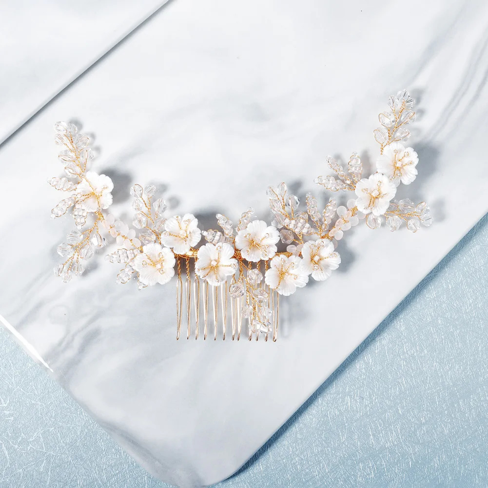 Handmade Wedding Fancy Gold White Flowers with Crystal and Pearl Bead Bridal Hair Comb 250610