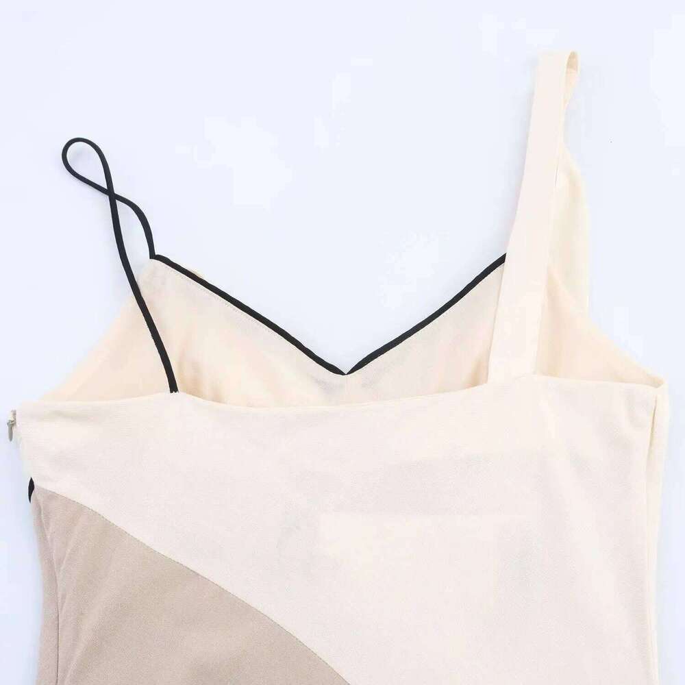 Womens Elegant Sexy Contrast Color Blocked Cowl Neck Sleeveless Spaghetti Strap Mid Length Dress With Asymmetric Straps