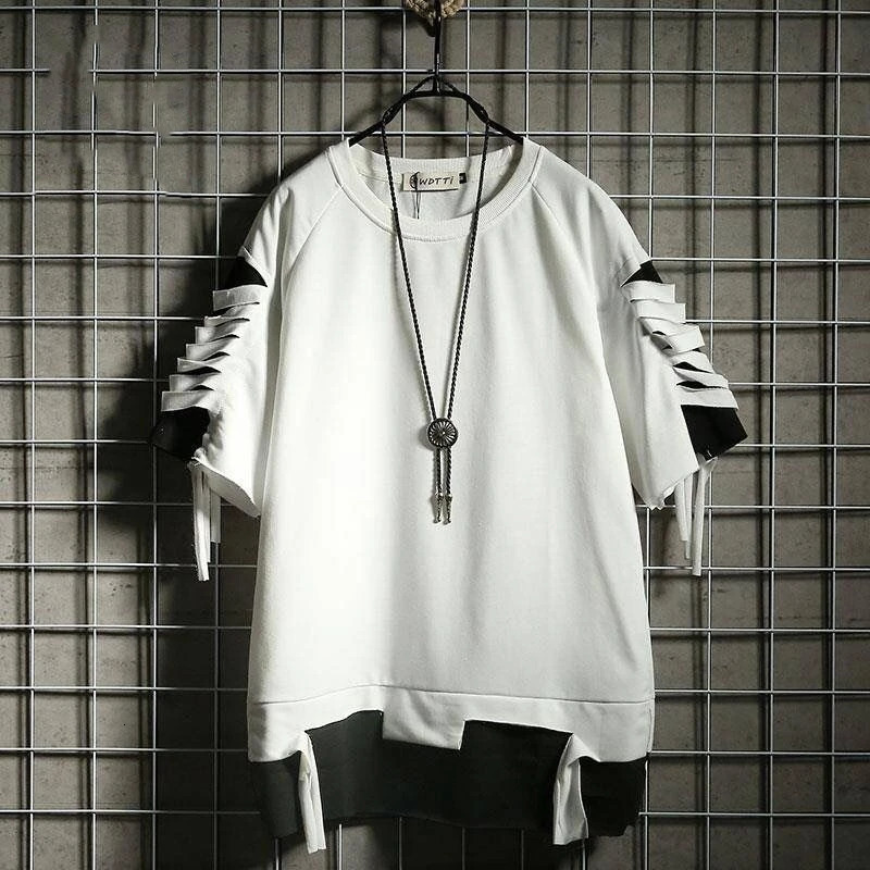 Oversized T Shirt Streetwear Ripped Hole Vintage Hip Hop T Shirt False two Loose Short sleeve Summer 250614