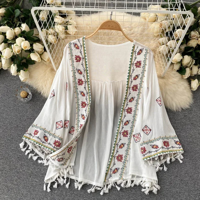 Summer Womens Shirt Bohemian Holiday Style ed Tassel Chiffon Cardigan Waist Female Slim Short Tops 250614