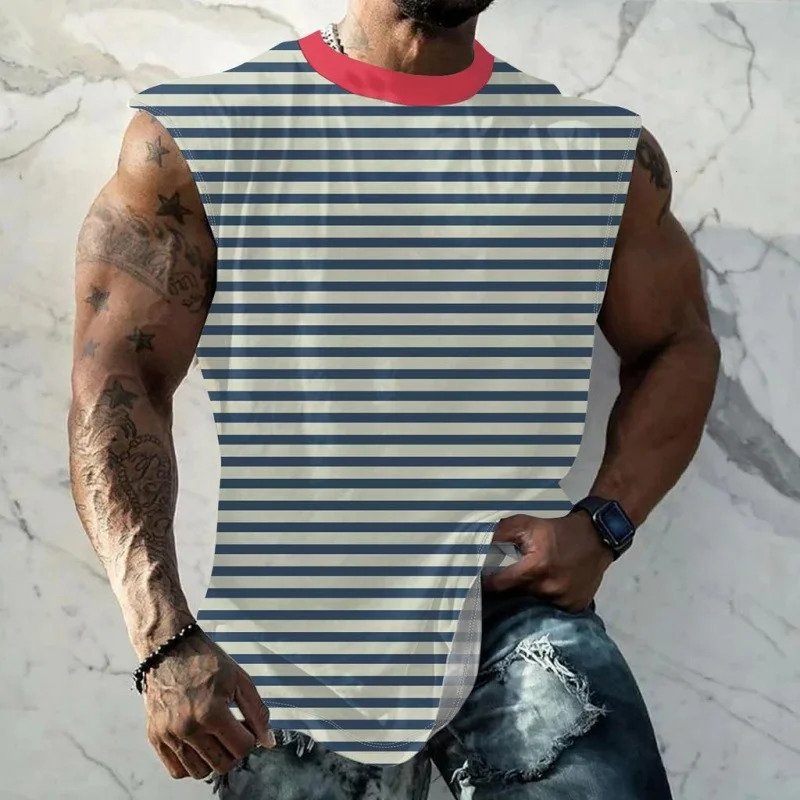 3D Printed Colorful Stripes Tank Top For Men Color Block Pattern Tees Summer Casual Loose Street Sports y2k Round Neck Tops Vest 250613