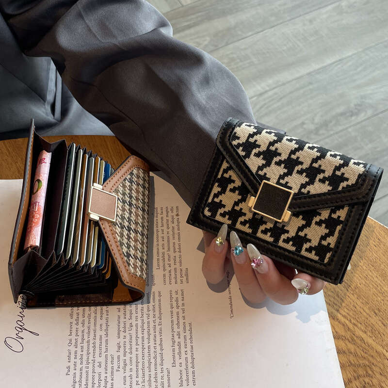 Houndstooth Holder Women's Compact Card Clip Multi-Card Slot New Fashion Trend High-End Wallet Short Anti-Degaussing