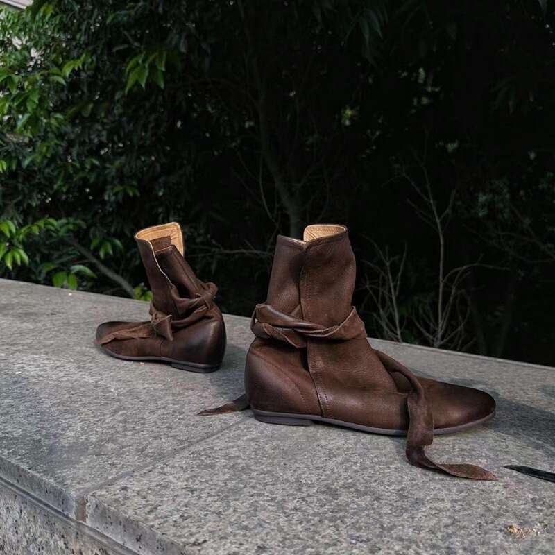 Niche Design NEW Bowknot Lace-up Ankle Women, Autumn Season, Distressed Flat Bare Boots, Single Boots for Women