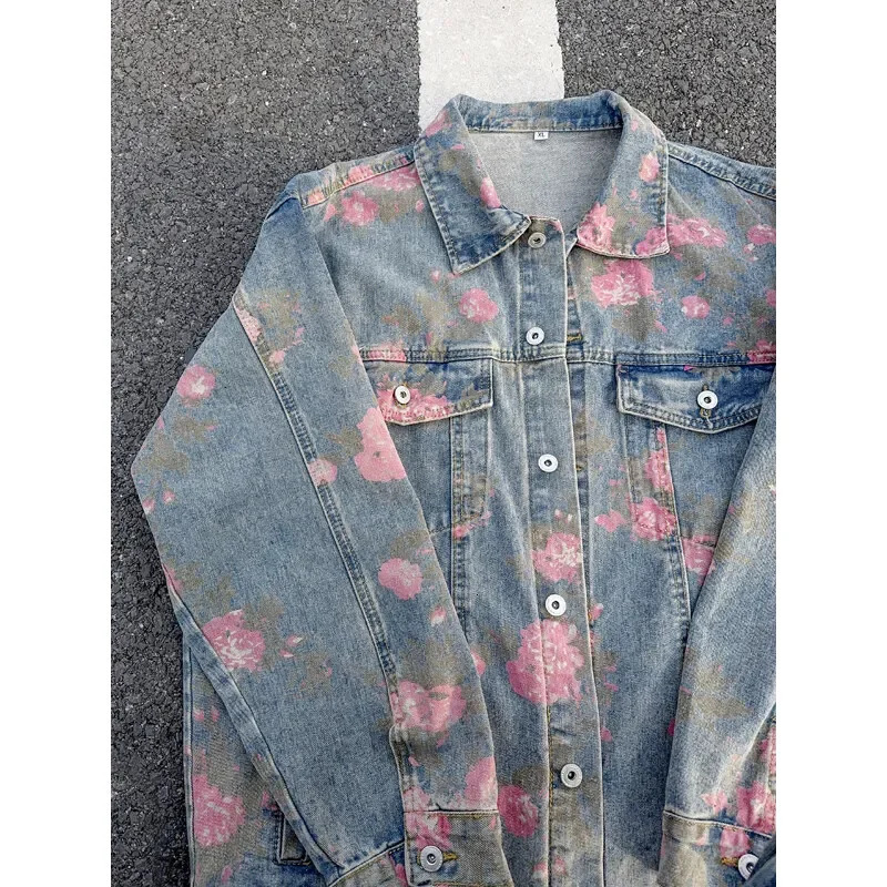 Rose Print Denim Jackets For Men Women Vintage Jeans Coats Gothic Oversized Males Casual Clothes 250614