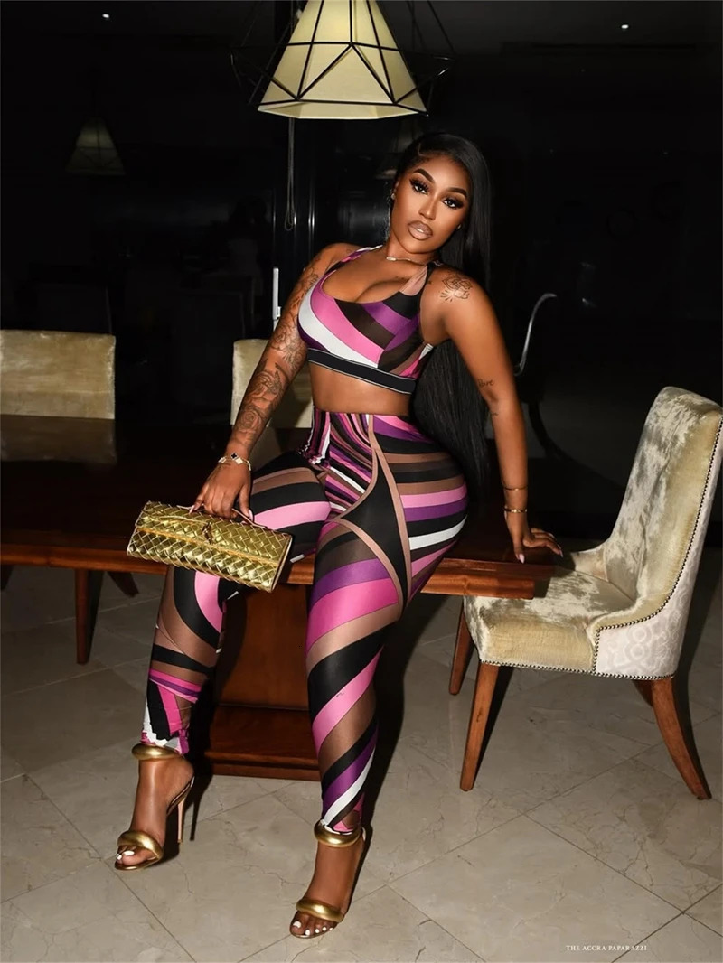 Stylish Lady Contrast Color Striped Printed 2 Piece Set Women Sleeveless Crop Top and Skinny Pant Suits 2025 Summer Sexy Outfits 250614