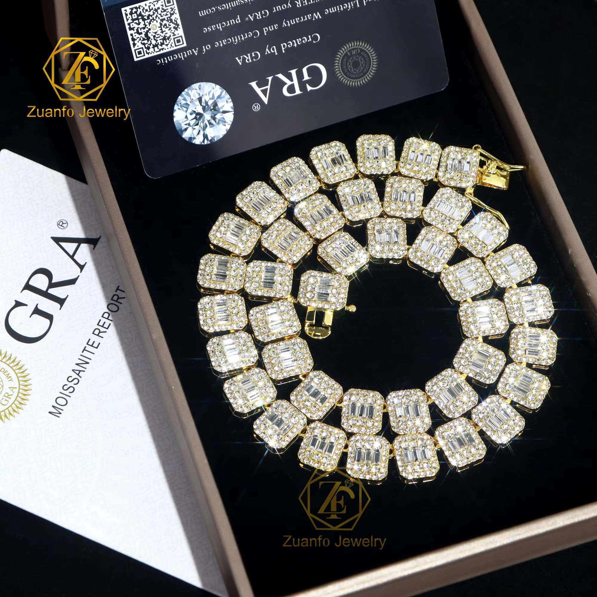 High Quality 925 Sterling Silver 18K Gold Plated Iced Baguette Diamonds Moissanite Waterproof Necklace Bracelet Link Chain Style