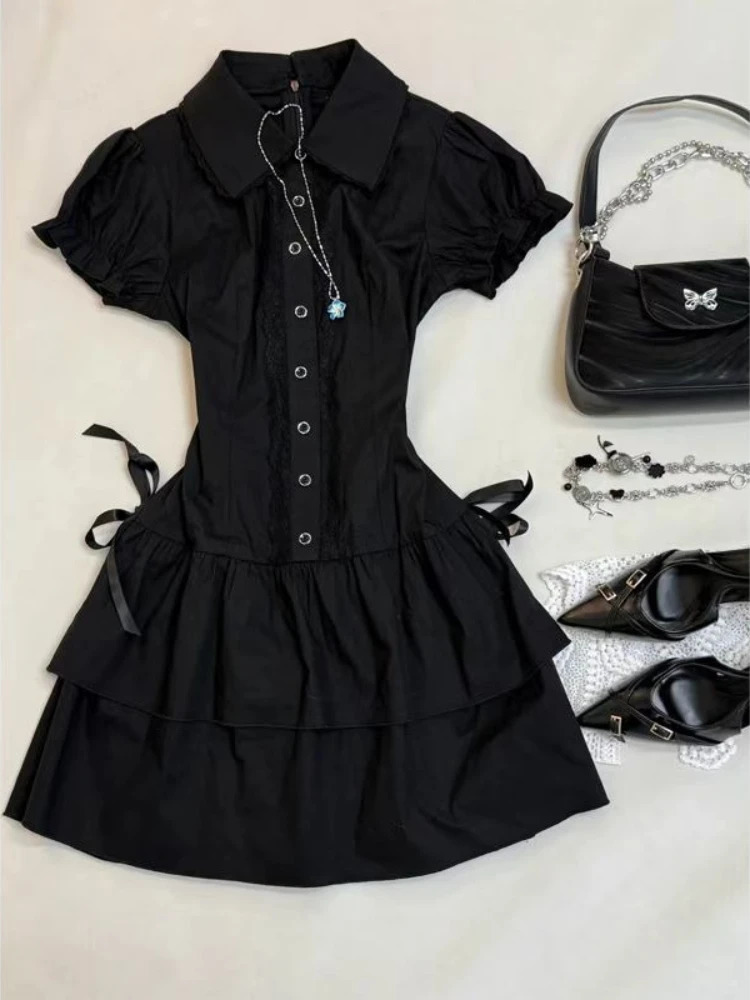 Vintage Black High Street Patchwork Dress Women Summer Gothic Slim Bow Short Sleeve Dresses Female Fashion Retro Lapel Outfits 250611