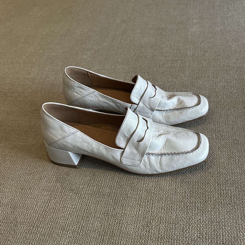 Cowhide White Loafers 2025 Spring and Autumn New hot Slip-On Casual Leather High Heel French Style Single Shoes for Women