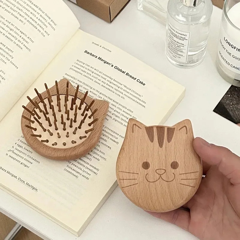 Portable Mini Cute Cat Inflatable Comb Small Elm Wood Compact round Hair Massage Comb Womens Stylish Professional Salon Brush 250612