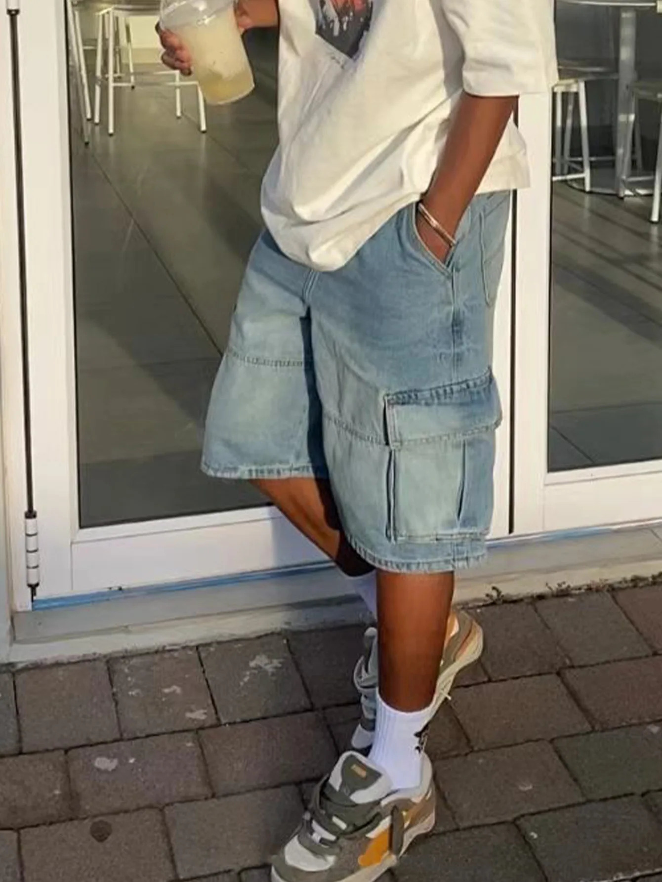 Vintage Blue Denim Shorts For Men with Side Pockets Wide Leg Loose Fit Cargo Pants Male 250614