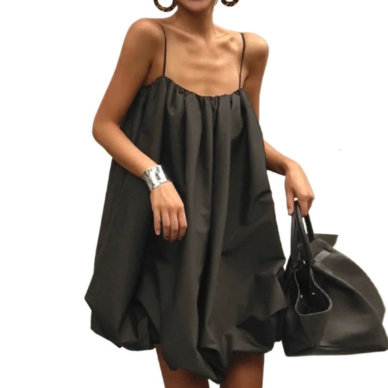 Summer French Elegant Black Loose Sling Womens Dress 250613