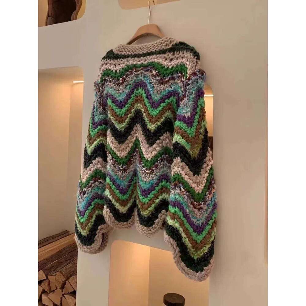 Handmade Autumn Winter Women's Rainbow Colored Sweater Cardigan Round Neck Knitted Coat C-200