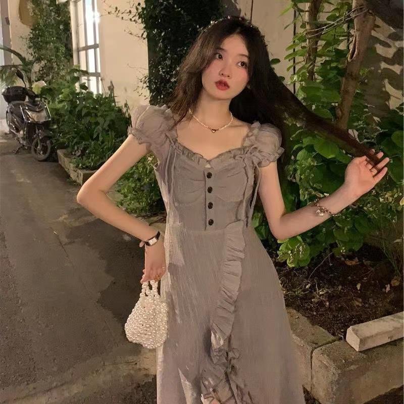 FD120 Summer Temperament Slim French Ruffle Fairy Long Dress Stunning