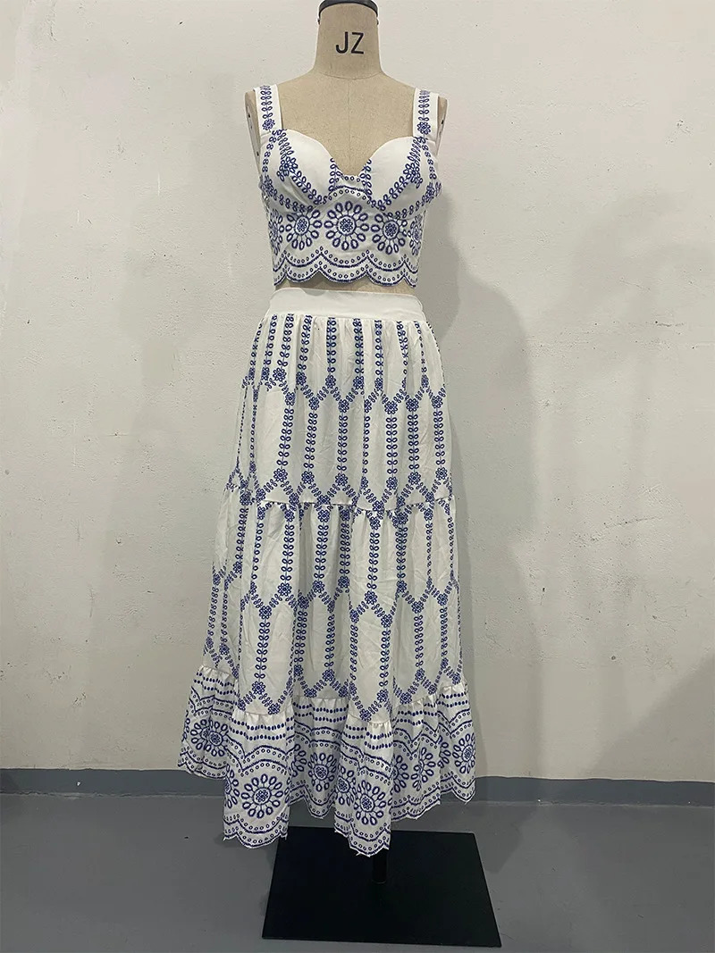 Half Skirt Two Piece Set Womens Wear 2024 Summer Fashion Sexy Printed Strap Bra and Long Dress Suit for Female Streetwear 250609